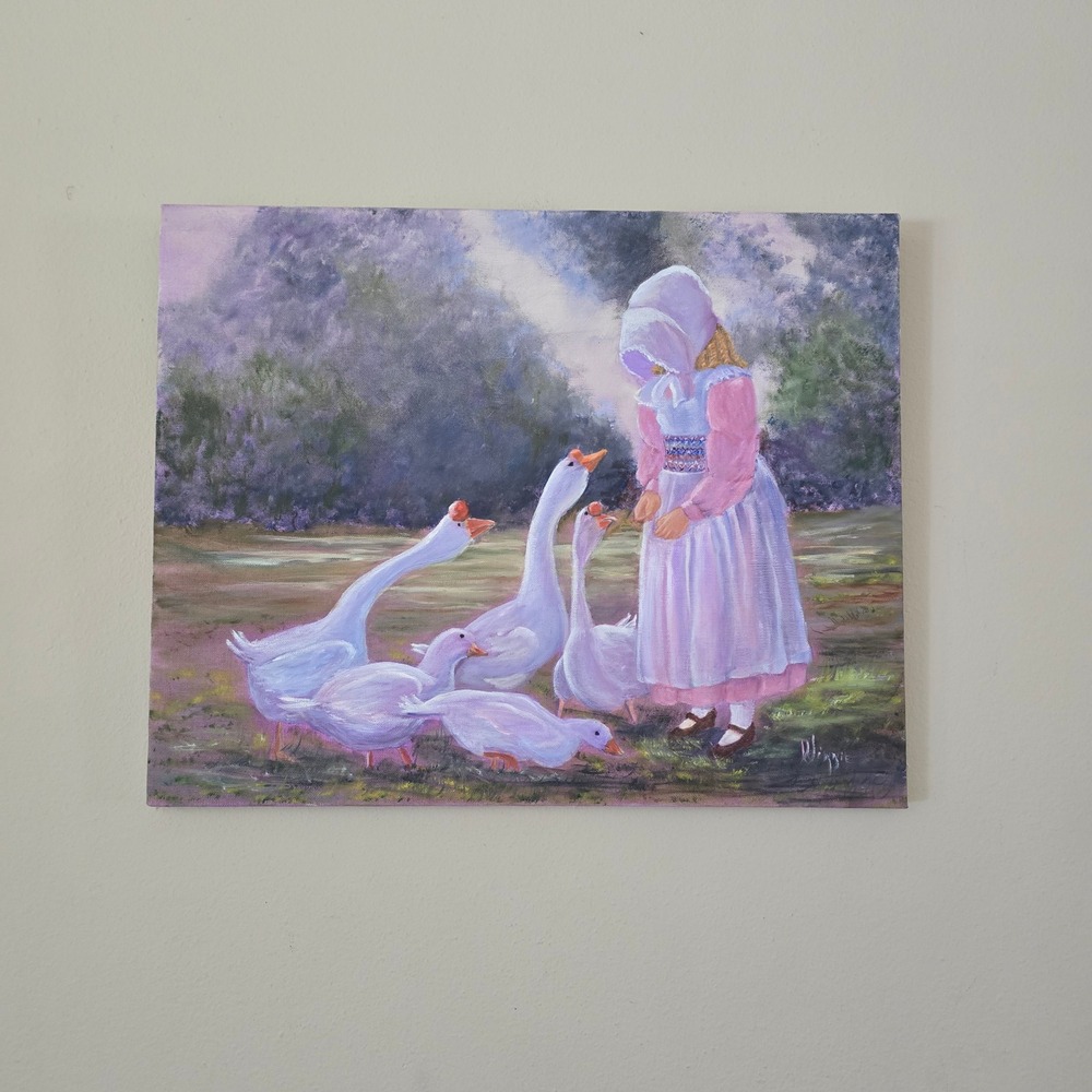 Winnie Signed Original Oil Painting Girl with Geese Canvas Art 16x20 Cottagecore